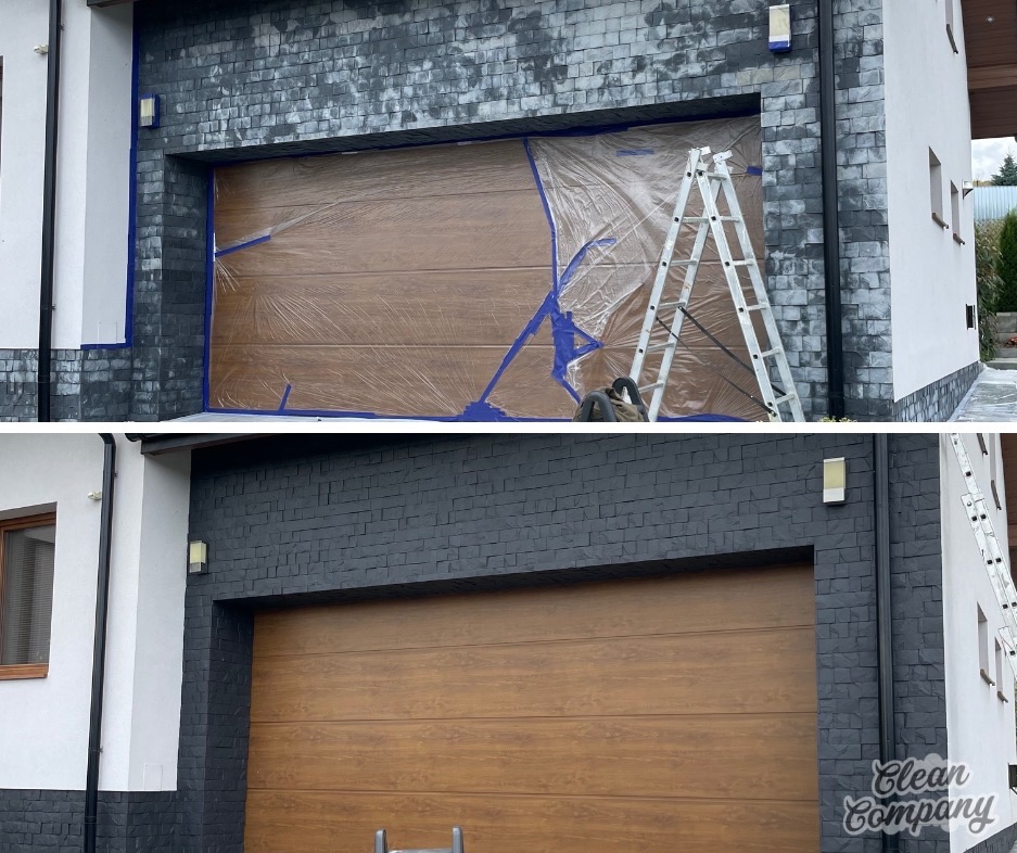 Dom przed i po odświeżeniu elewacji: górna część pokazuje zabezpieczoną bramę garażową i fragment ściany przygotowane do malowania, dolna prezentuje bramę i elewację po ukończonym malowaniu...