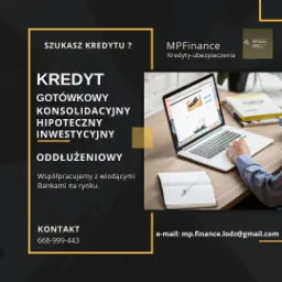 Grafika reklamowa z laptopem, notatnikiem i długopisem na biurku, promująca usługi finansowe, w tym kredyty i ubezpieczenia, z logo MPFinance i danymi kontaktowymi.
