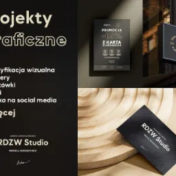 Zestawienie projektów graficznych: logo barber shopu na szyldzie, ulotka promocyjna salonu kosmetycznego, wizytówka studia RDZW na drewnianej tacy, branding RDZW Studio. Prezentacja portfolio.