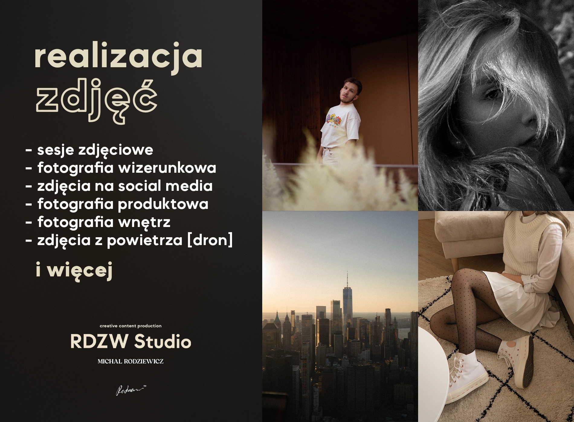 Kolaż prezentujący realizacje zdjęć: portret mężczyzny na tle zieleni, czarno-białe zbliżenie twarzy kobiety, panorama miasta o zachodzie słońca, kobieta siedząca na dywanie w białej spódnicy...