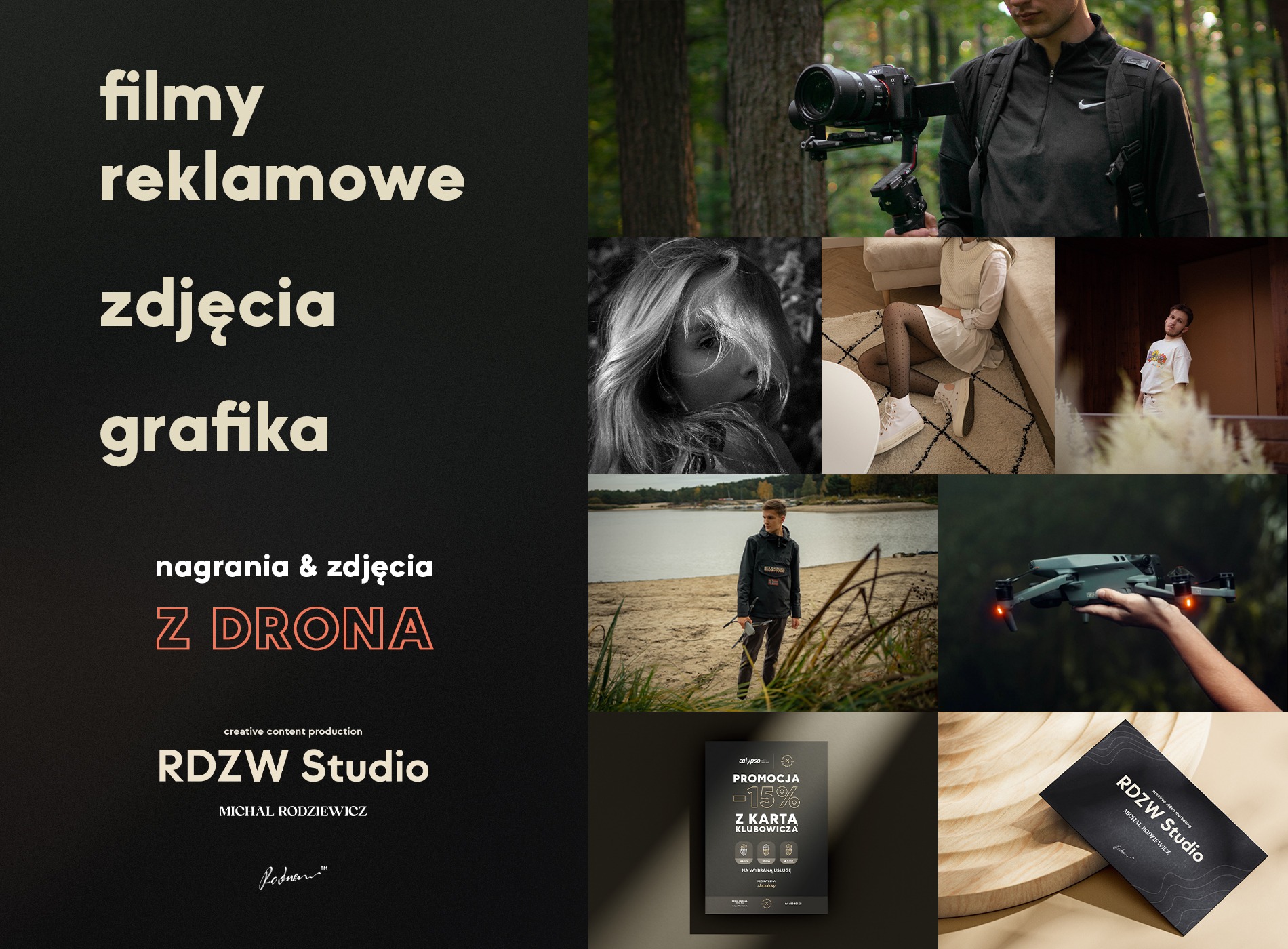 Kolaż zdjęć prezentujący usługi studia filmowego: filmowanie z drona, sesje zdjęciowe portretowe i produktowe, grafika reklamowa, wizytówka z logo studia.