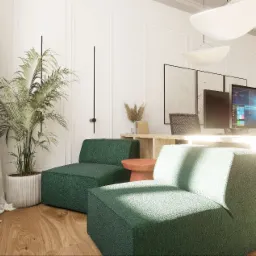 Jasne biuro z dwoma zielonymi fotelami modułowymi, drewnianym biurkiem z dwoma monitorami, wiszącymi lampami w kształcie dysków i dużą rośliną doniczkową.