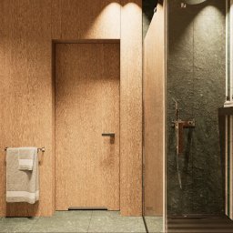 Łukasz Macuga architekt wnętrz - Nowoczesna łazienka z drewnianymi panelami ściennymi, szarą szafką pod umywalką i kabiną prysznicową z zielonymi płytkami w paski. Minimalistyczny design.