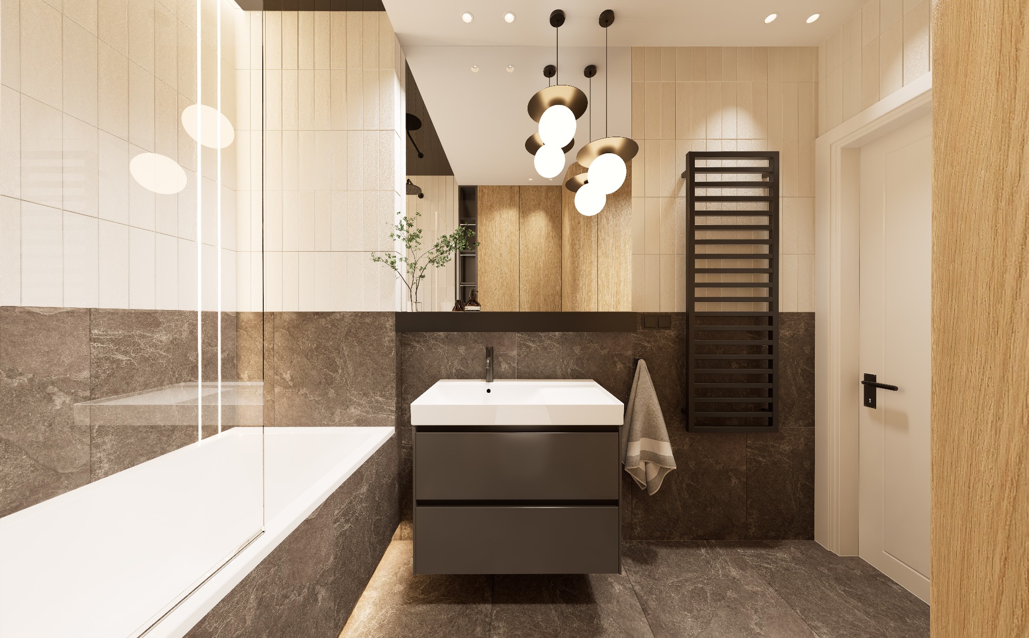 Nowoczesna łazienka z wanną, umywalką z szafką w kolorze grafitowym, grafitowym grzejnikiem drabinkowym i lustrem z dekoracyjnym oświetleniem.