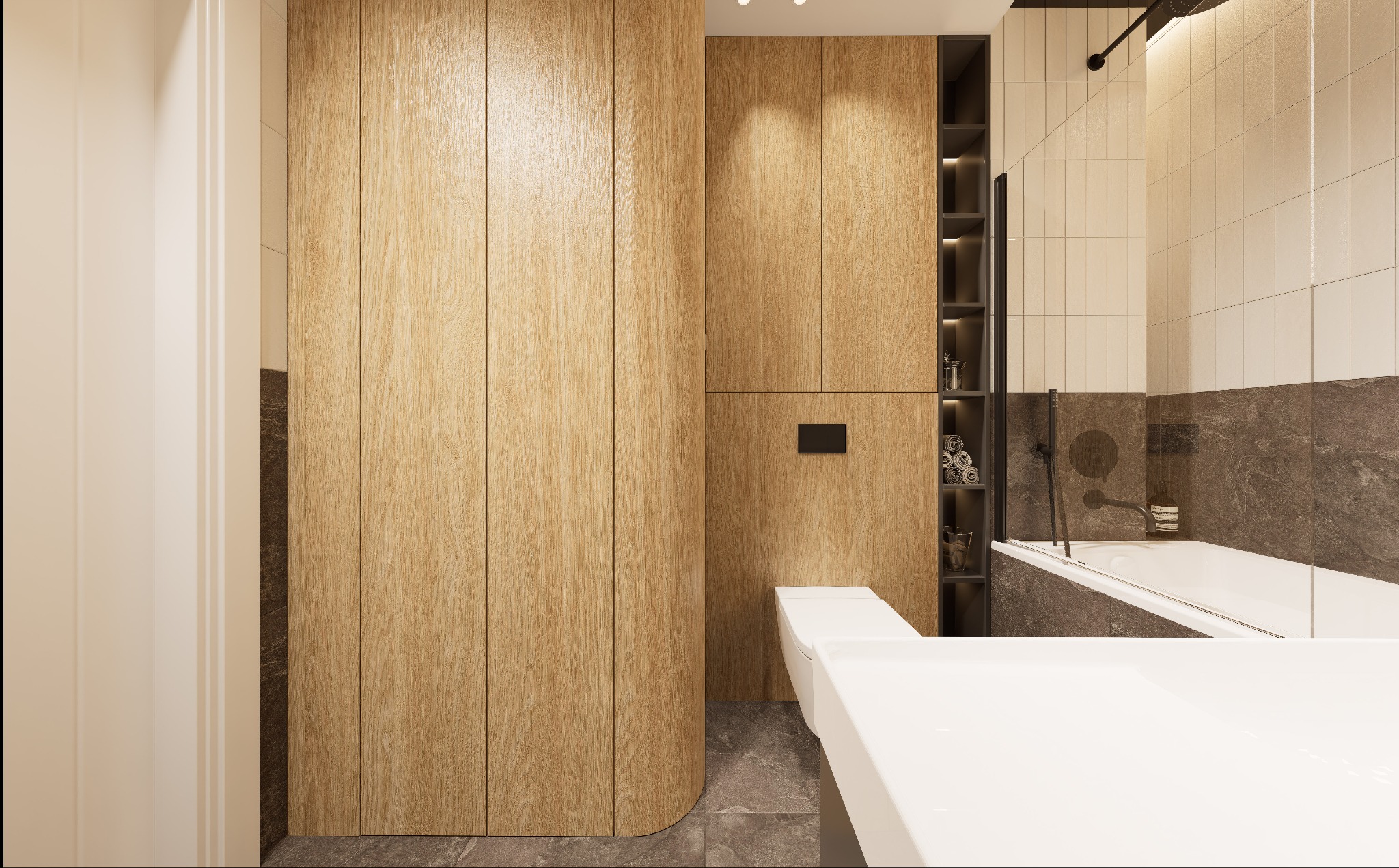 Nowoczesna łazienka z drewnianą zabudową meblową, minimalistyczną armaturą i szarą płytką imitującą kamień.