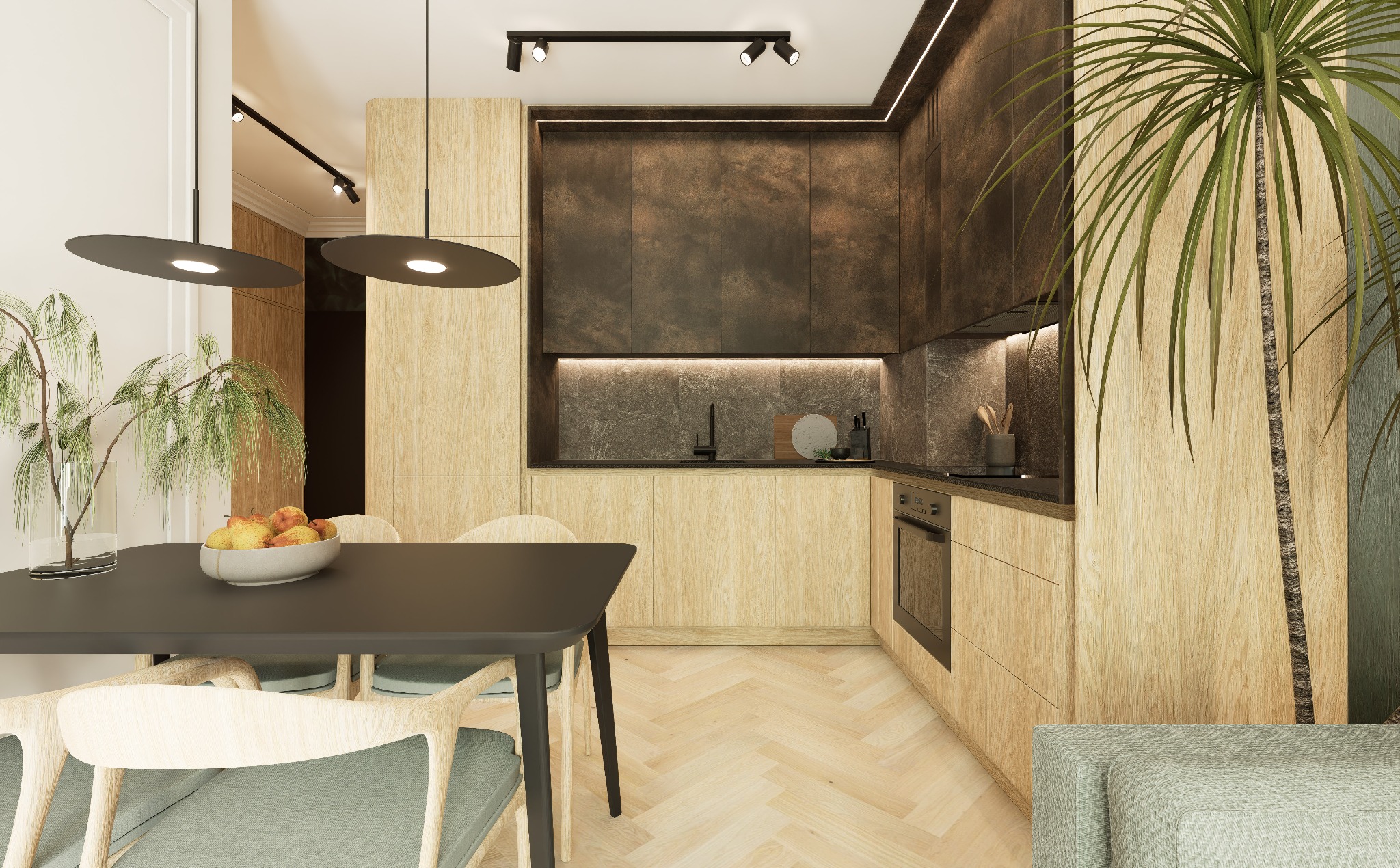 Wizualizacja przestronnej kuchni z jadalnią, drewniane fronty szafek w jasnym odcieniu, ciemny kamienny blat, okrągłe lampy wiszące nad czarnym stołem, parkiet w jodełkę, roślina doniczkowa.