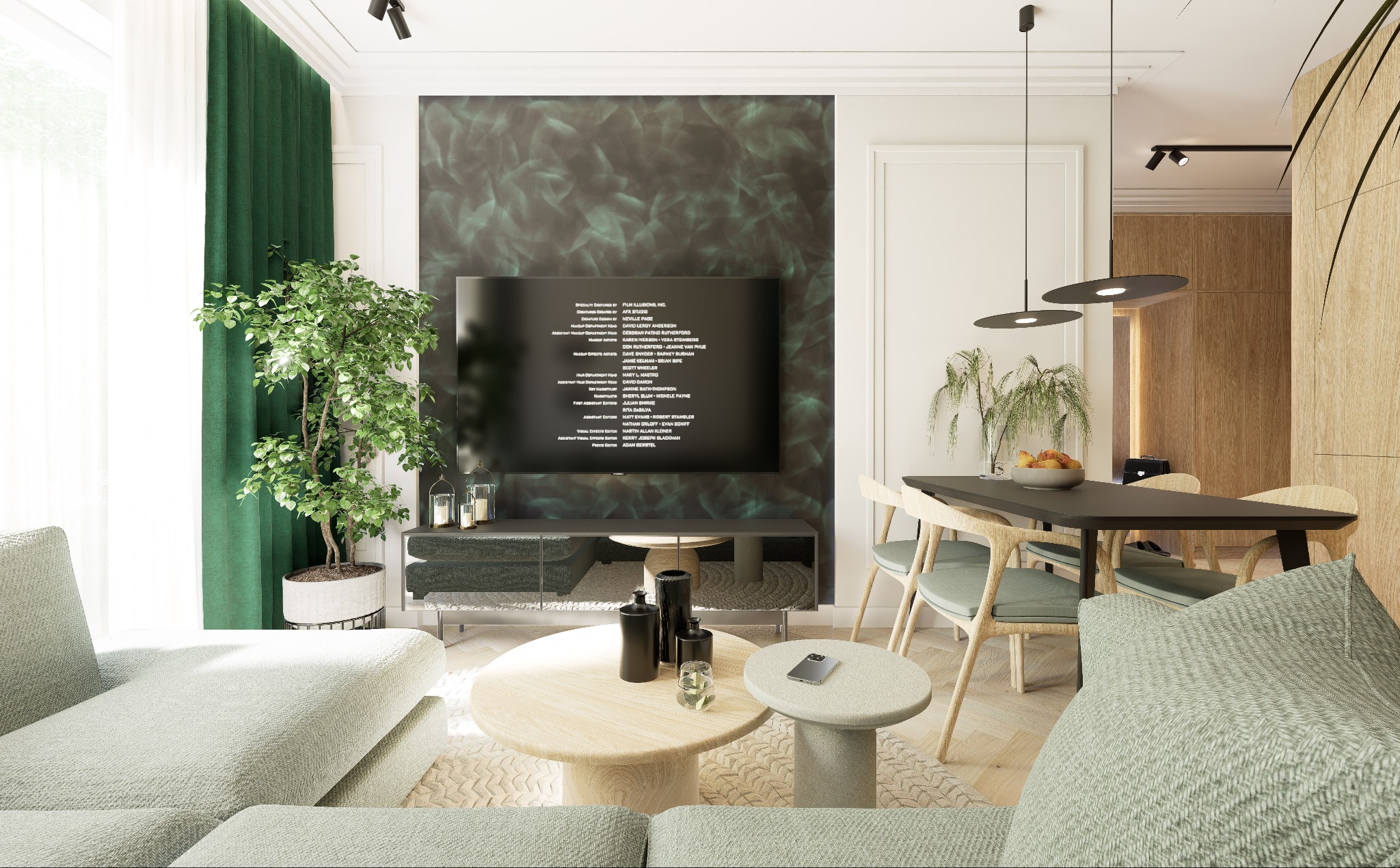 Salon w neutralnych barwach z zielonymi akcentami: sofa w odcieniach szarości, okrągły stolik kawowy z telefonem, telewizor wyświetlający napisy końcowe filmu, wysoka roślina doniczkowa przy oknie...