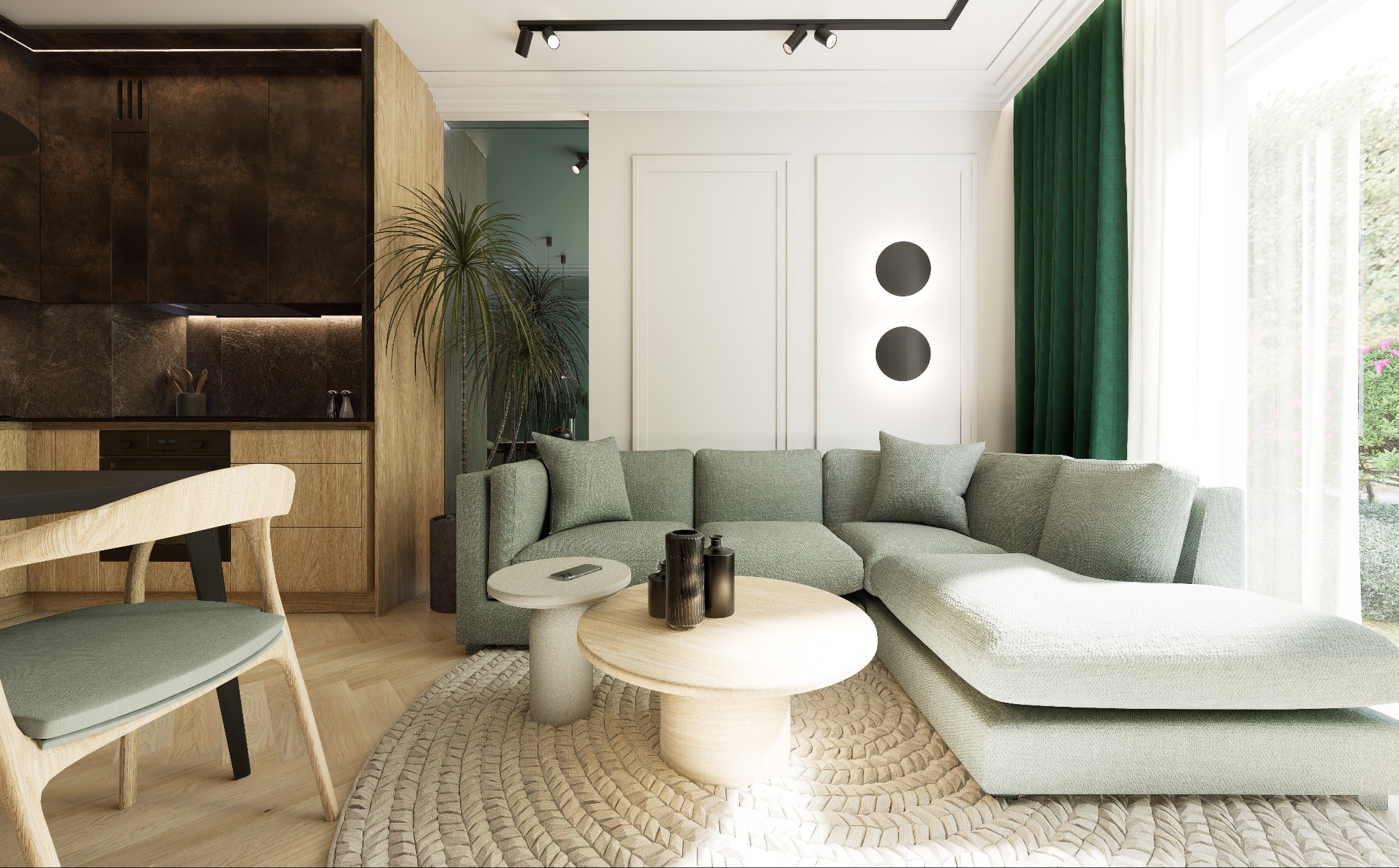 Salon z otwartą kuchnią: szara sofa narożna, okrągły stolik kawowy na plecionym dywanie, drewniane krzesło i ciemne szafki kuchenne z drewnianymi akcentami, oświetlenie punktowe i zielone zasłony.