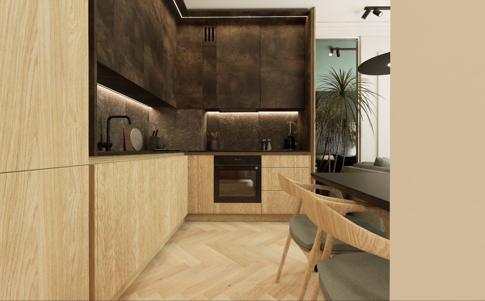 Nowoczesna kuchnia z drewnianymi frontami szafek dolnych i ciemnymi, miedzianymi szafkami górnymi, oświetleniem LED pod szafkami, parkietem w jodełkę i drewnianymi krzesłami przy czarnym stole...