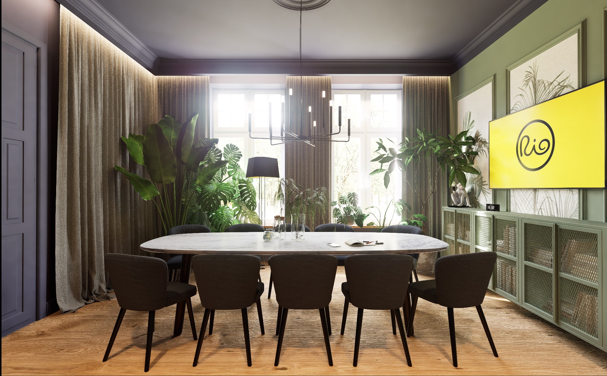 Jasna jadalnia z marmurowym stołem, czarnymi krzesłami, zieloną ścianą z telewizorem i roślinami doniczkowymi.