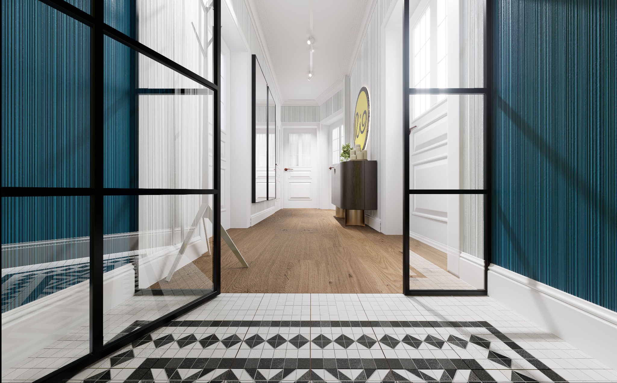 Nowoczesny korytarz z podłogą w czarno-białe wzory geometryczne przechodzącą w drewnianą podłogę, ściany w odcieniach błękitu i bieli, oraz czarne, przeszklone drzwi.