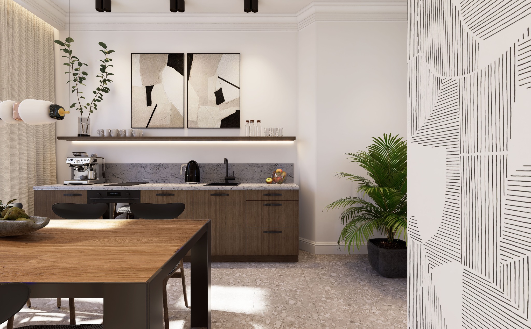 Nowoczesna kuchnia z drewnianymi szafkami, marmurowym blatem i czarnymi akcentami, widok na stół z owocami i roślinę doniczkową przy wzorzystej ścianie.