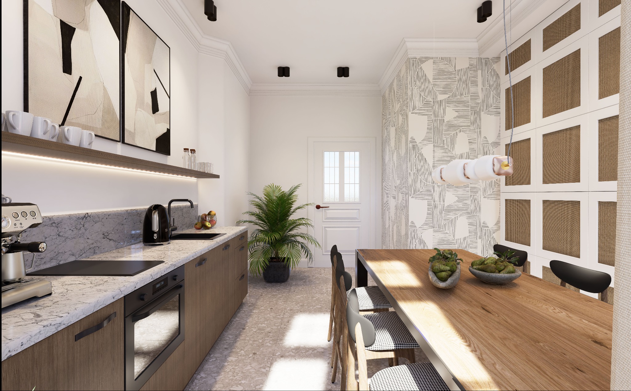 Wnętrze kuchni z jadalnią, marmurowy blat, drewniane szafki, stół z owocami, designerska lampa, ściana z geometrycznym wzorem i panelami, roślina w doniczce.