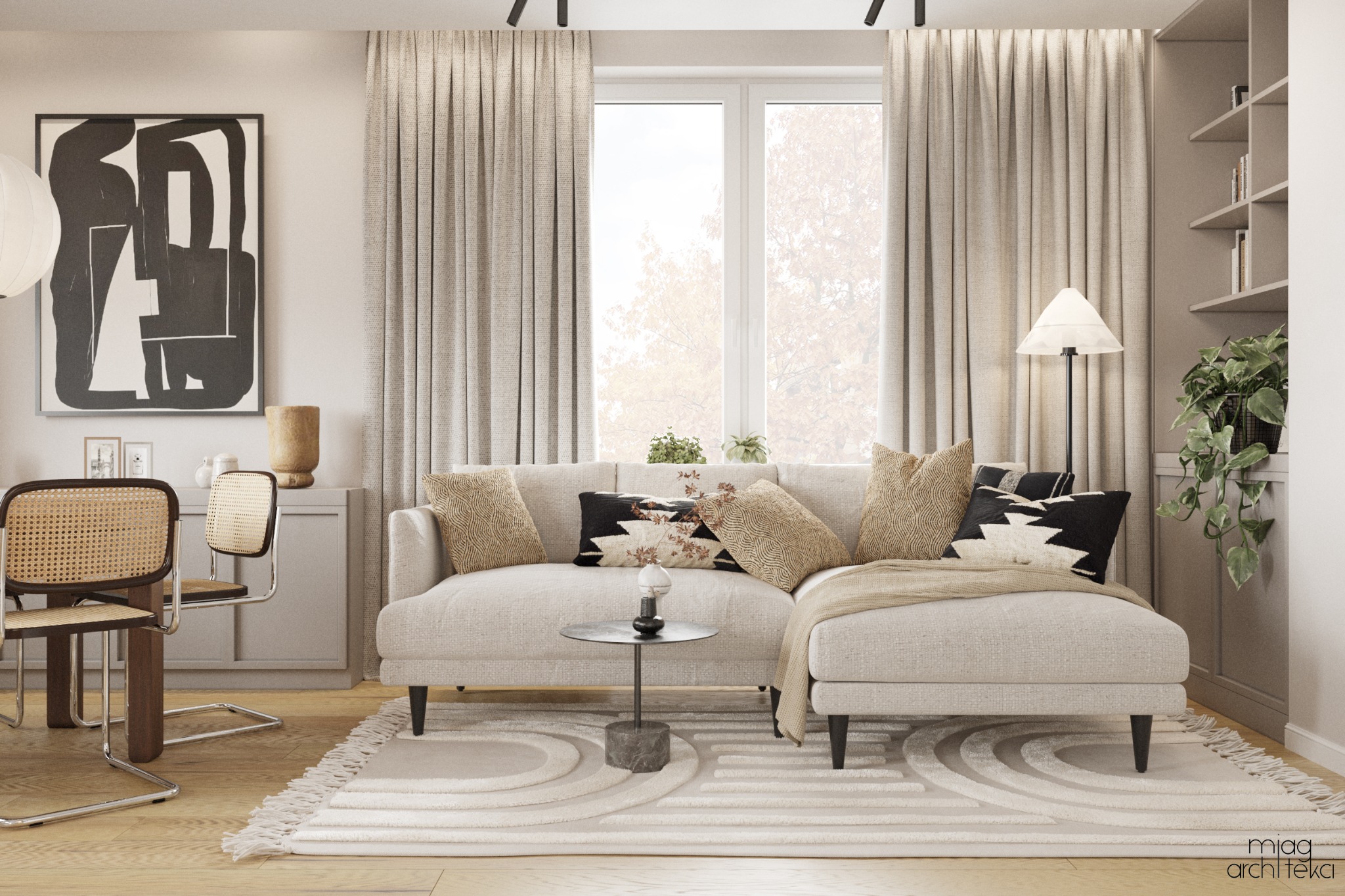 Jasny salon z narożną sofą, okrągłym stolikiem kawowym, dywanem w geometryczne wzory i rattanowymi krzesłami. Na ścianie abstrakcyjny obraz w czarno-białej ramie.