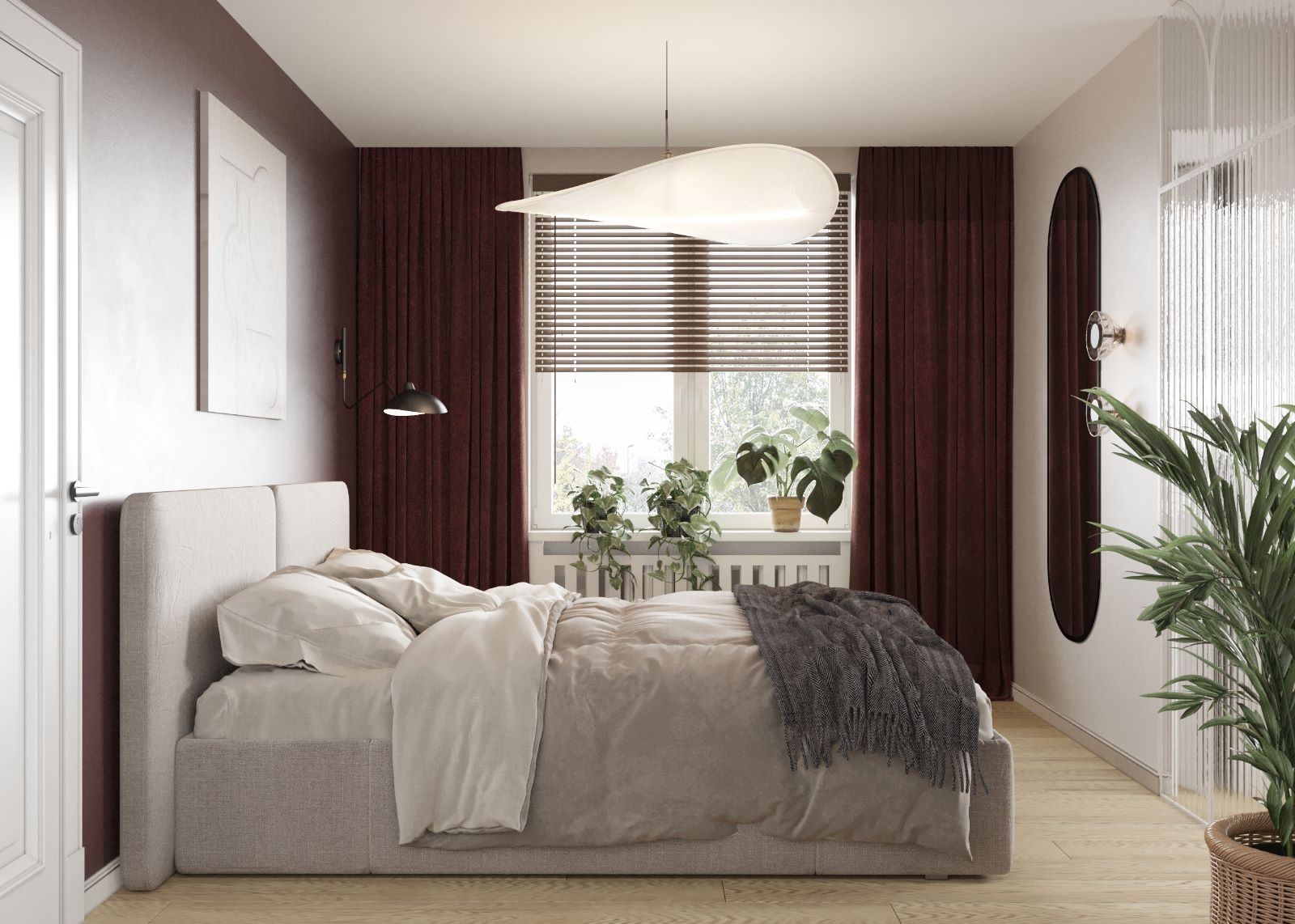 Nowoczesna sypialnia z łóżkiem kontynentalnym, burgundowymi zasłonami, okrągłym lustrem i roślinami doniczkowymi na parapecie, oświetlona lampą wiszącą w kształcie kropli.