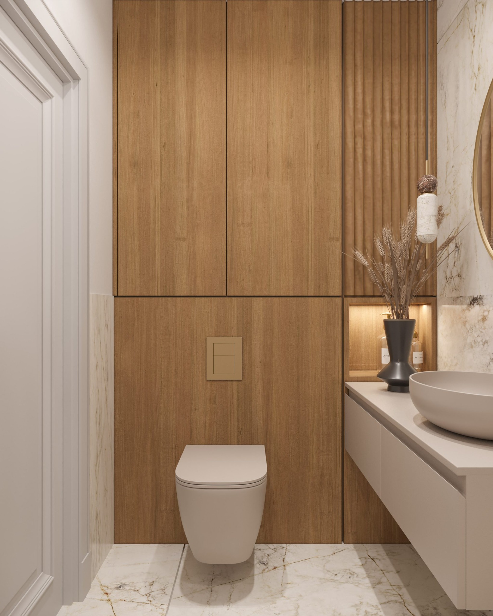 Nowoczesna łazienka z drewnianymi szafkami, beżową umywalką nablatową i wiszącą toaletą, oświetlona dekoracyjną lampą i dodatkowym oświetleniem w niszy.