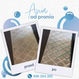 Dwa zdjęcia w stylu polaroid porównujące wygląd dywanu w romby 'przed' i 'po' czyszczeniu, z logo firmy 'Ania od prania' i numerem telefonu w dolnej części grafiki.