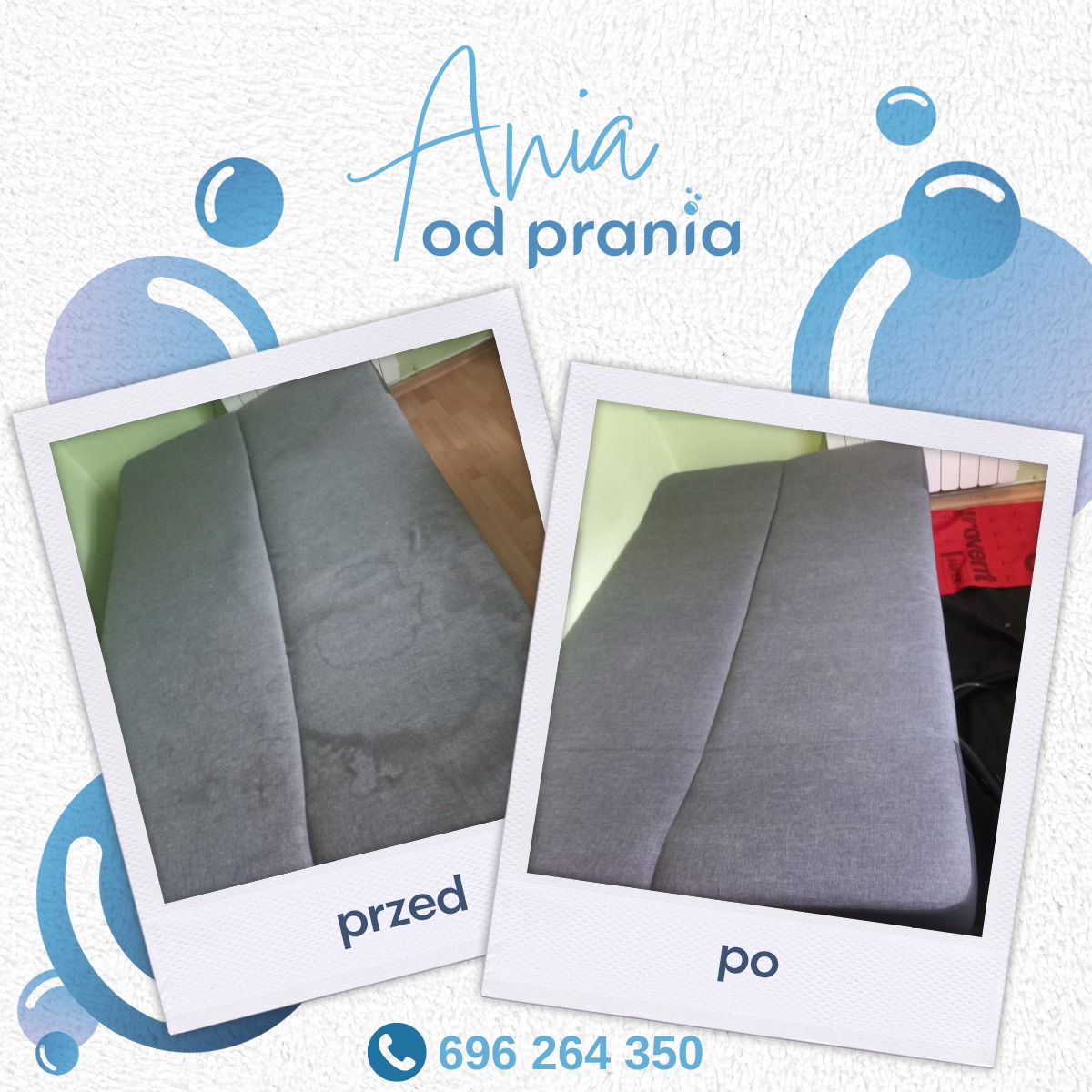 Dwa zdjęcia w stylu polaroid przedstawiające fragment szarej kanapy przed i po czyszczeniu, z widocznymi plamami na zdjęciu 'przed' i czystą powierzchnią na zdjęciu 'po', całość na tle z motywem...