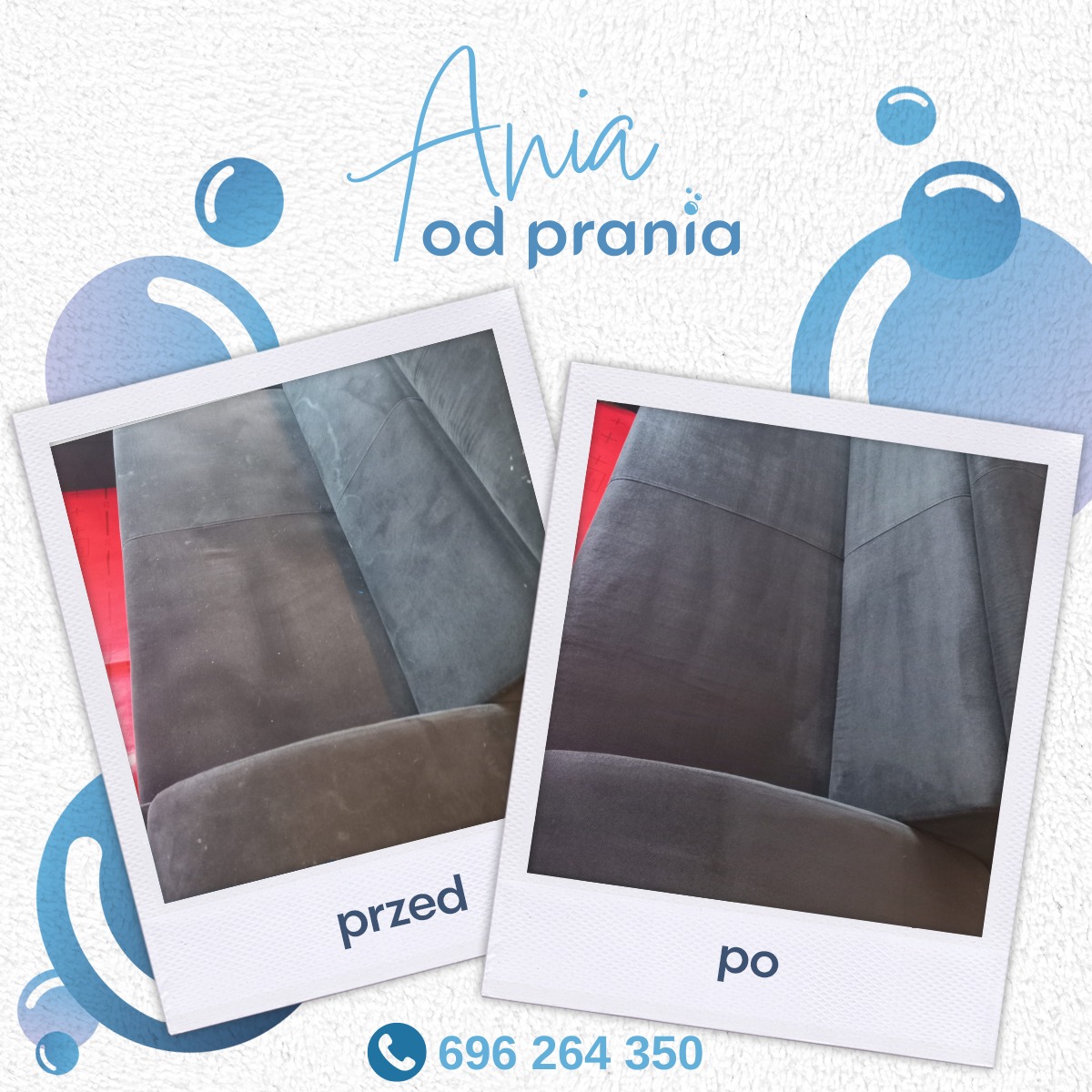 Dwa zdjęcia polaroidowe na graficznym tle: po lewej fragment sofy przed czyszczeniem, po prawej ten sam fragment po czyszczeniu, widoczna różnica w kolorze i fakturze materiału.