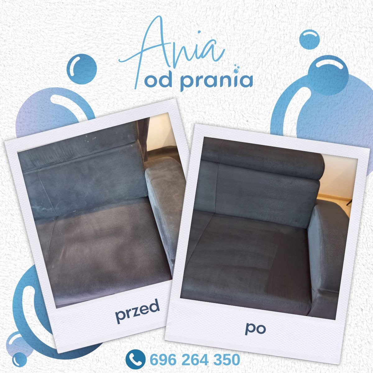 Dwa zdjęcia w stylu polaroid: lewe przedstawia szarą kanapę przed czyszczeniem, prawe pokazuje tę samą kanapę po czyszczeniu, z widoczną różnicą w czystości tapicerki.
