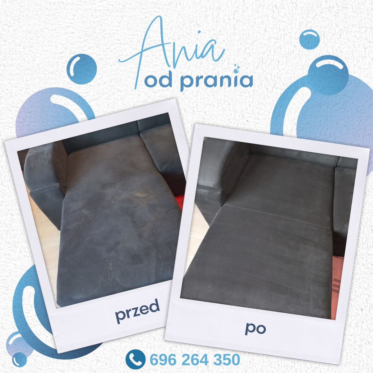 Porównanie stanu kanapy przed i po czyszczeniu, widoczne wyraźne usunięcie zabrudzeń na ciemnej tapicerce, prezentowane w formie dwóch zdjęć w stylu polaroid na tle z bąbelkami.