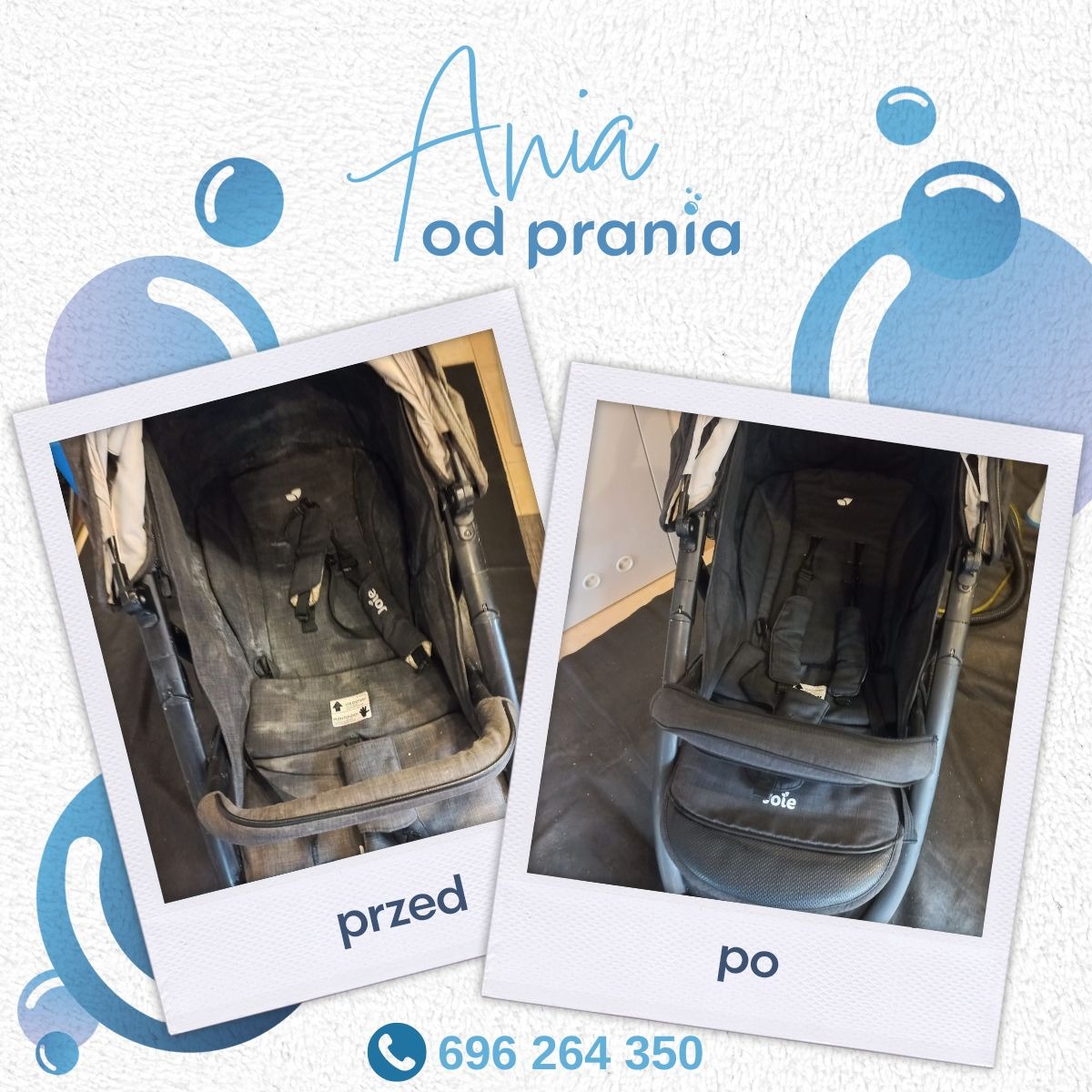 Porównanie wózka dziecięcego przed i po czyszczeniu: po lewej stronie widoczny wózek z wyraźnymi zabrudzeniami na tapicerce, po prawej ten sam wózek, ale już czysty i odświeżony. Zdjęcie w stylu...