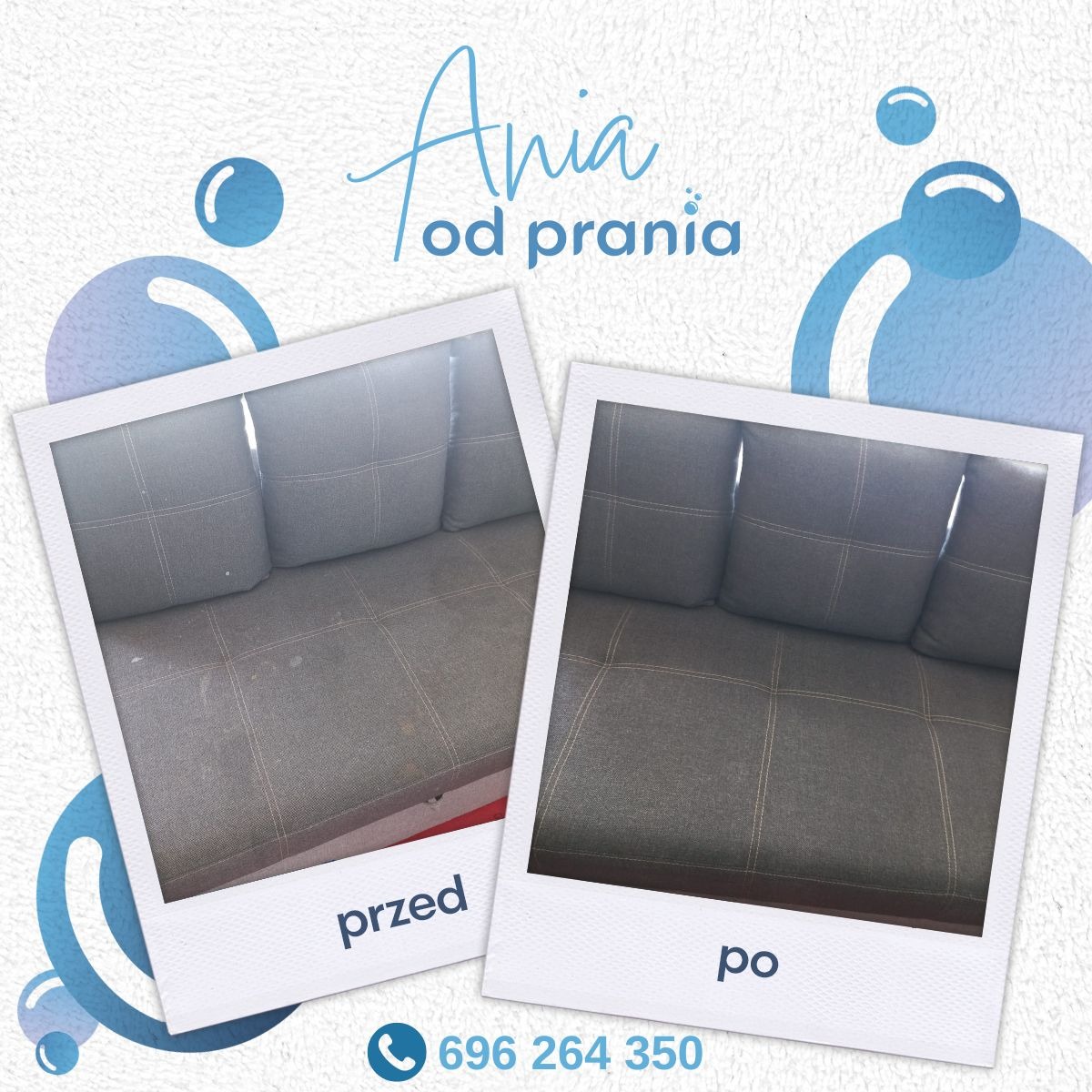 Porównanie stanu kanapy przed i po czyszczeniu, widoczne różnice w odcieniu i czystości tapicerki, prezentowane w stylu polaroid z numerem telefonu.