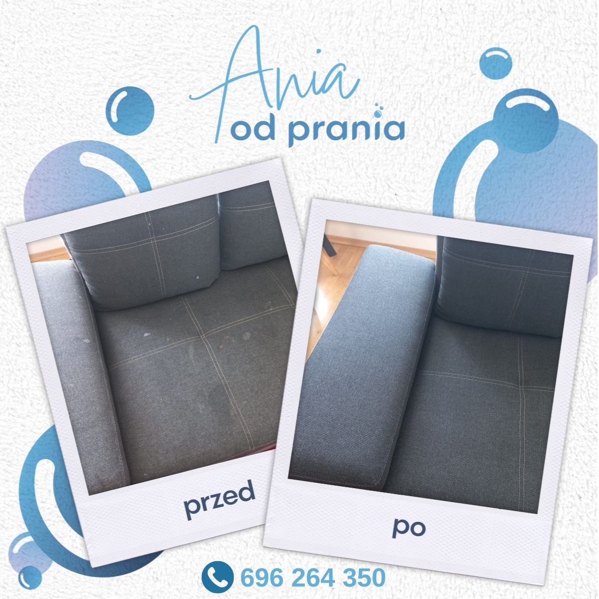 Dwa zdjęcia w stylu polaroid przedstawiające fragment szarej sofy przed i po czyszczeniu, widoczne plamy na lewym zdjęciu, efekt czyszczenia na prawym zdjęciu, numer telefonu na dole.