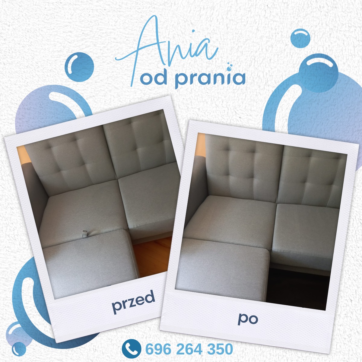 Dwa zdjęcia w stylu polaroid przedstawiające narożnik tapicerowany w odcieniach szarości: po lewej stronie widok 'przed' z widocznymi zabrudzeniami, po prawej stronie 'po' - narożnik czysty,...