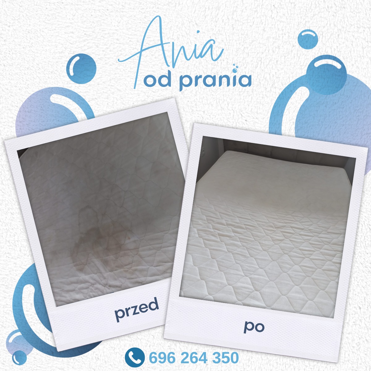 Grafika przedstawia porównanie materaca przed i po czyszczeniu, umieszczone w ramkach imitujących zdjęcia polaroidowe, z widoczną różnicą w czystości i usunięciu plam, na tle z motywem bąbelków...