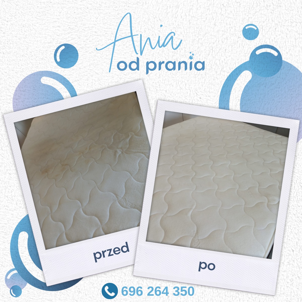 Materac kremowy, ujęcie przed i po czyszczeniu, prezentacja efektów usługi we Włocławku, widoczne wyraźne różnice w czystości, oprawa w stylu polaroid.