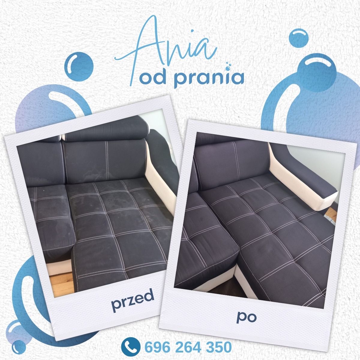 Kolaż przedstawiający narożnik tapicerowany przed i po czyszczeniu, ujęty w ramki imitujące zdjęcia polaroid, z widoczną różnicą w czystości tapicerki.