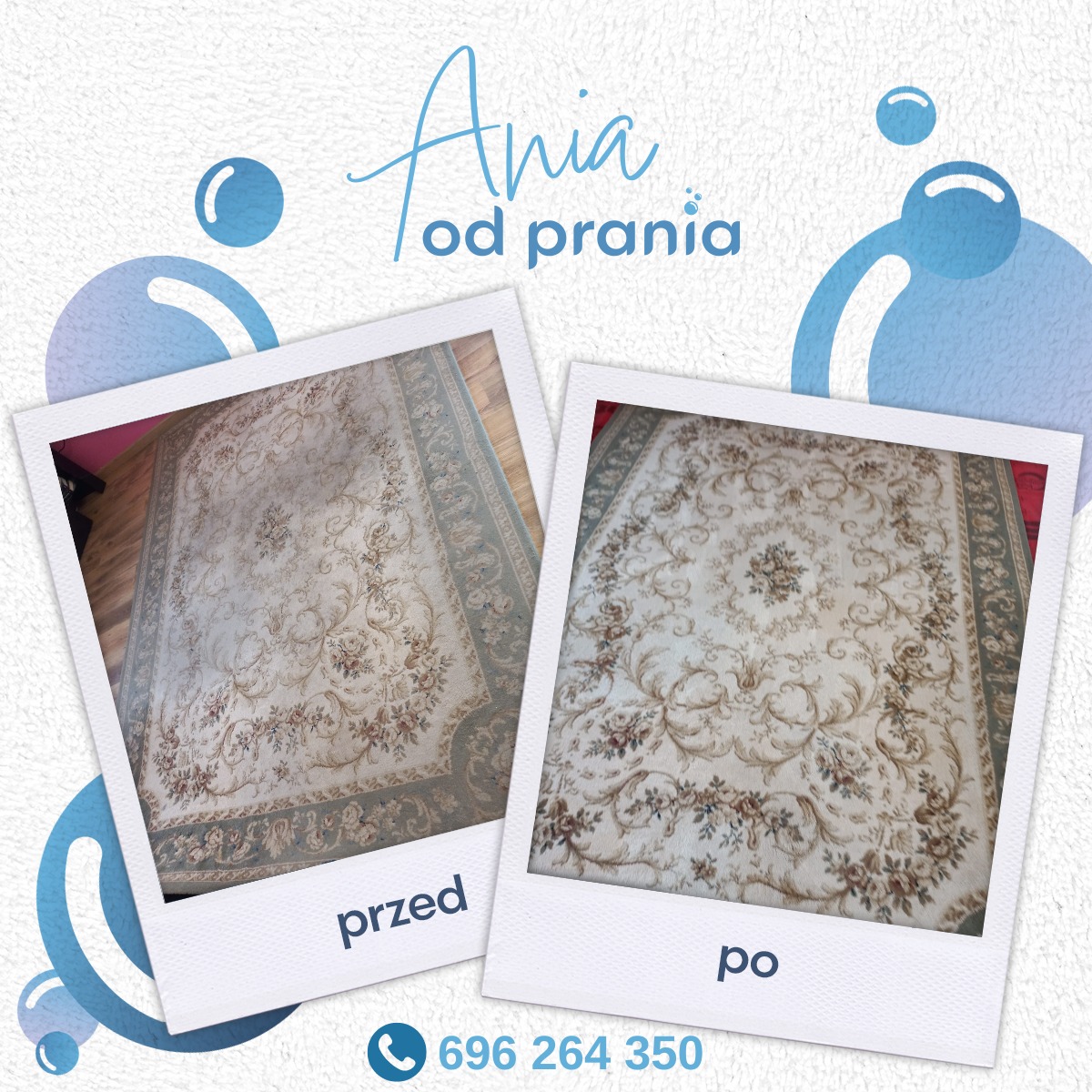 Kolaż dwóch zdjęć dywanu z kwiatowym wzorem w stylu vintage, umieszczonych w ramkach polaroid. Lewe zdjęcie przedstawia dywan 'przed', a prawe 'po' czyszczeniu. Widoczne różnice w kolorystyce...