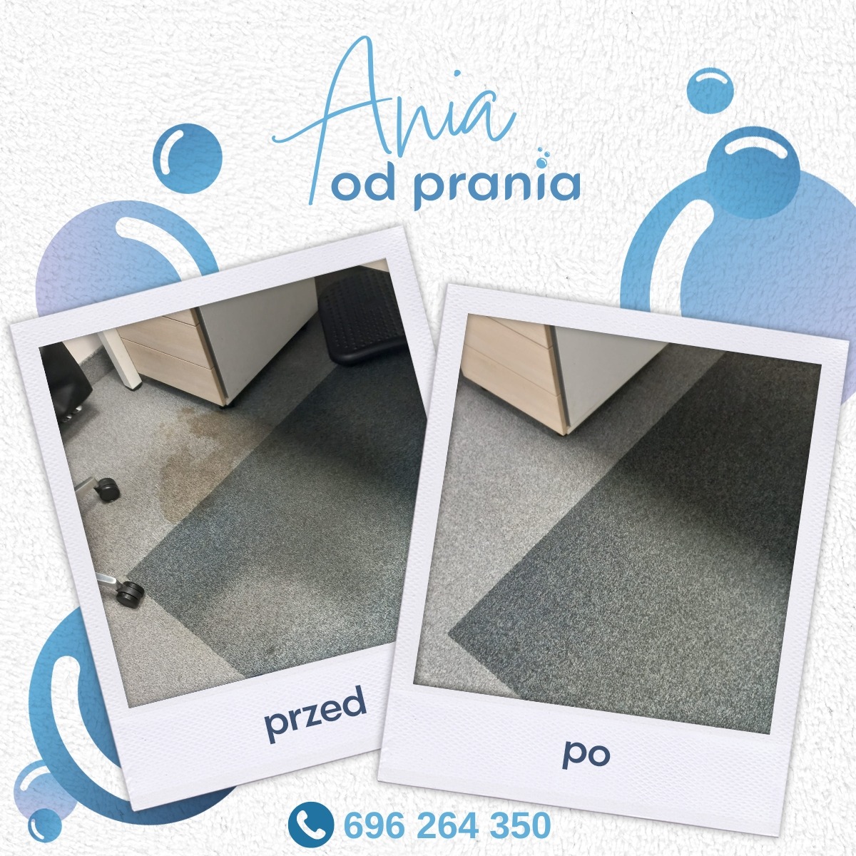 Dwa zdjęcia w stylu polaroid przedstawiające fragment biurowej wykładziny dywanowej przed i po czyszczeniu, widoczna plama usunięta z dywanu, w tle fragment biurka i podnóżek.
