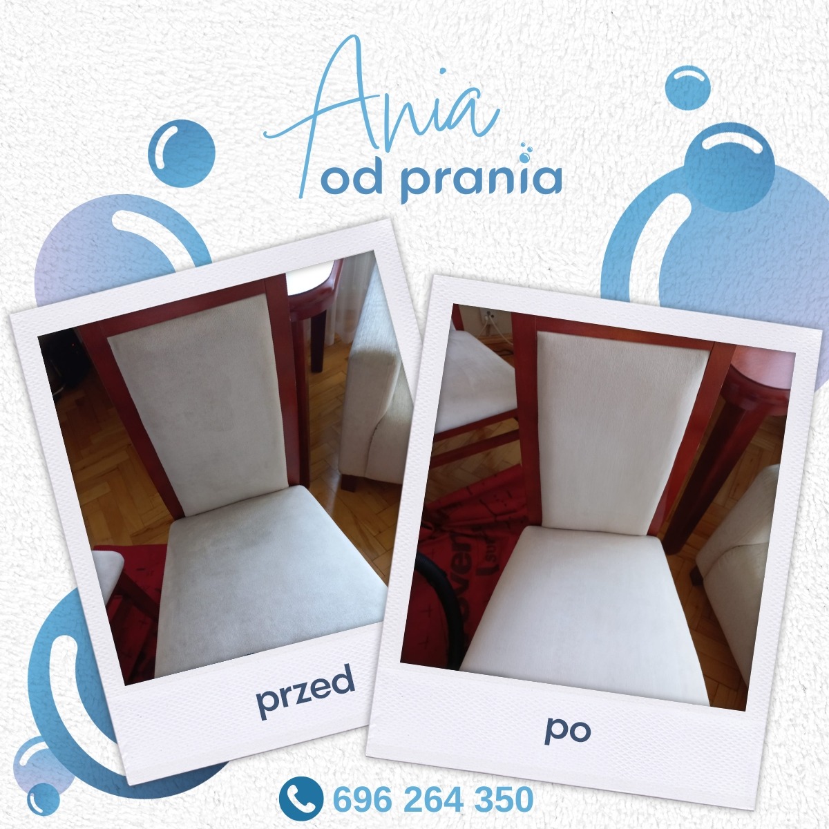 Dwa ujęcia krzesła tapicerowanego w stylu retro, przed i po czyszczeniu, na tle grafiki z bąbelkami i numerem telefonu.