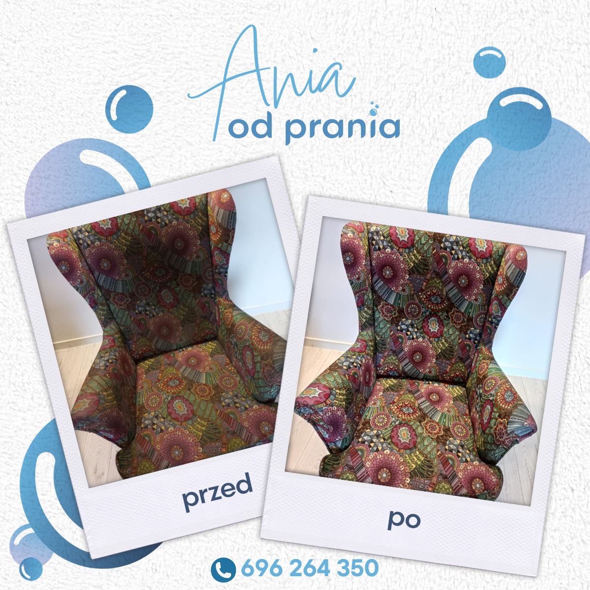 Dwa zdjęcia fotela typu uszak w stylu vintage z wzorzystą tapicerką, ujęte w ramki polaroidowe z napisem 'przed' i 'po', na tle z motywem bąbelków i numerem telefonu.