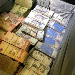 Otwarty szary kufer wypełniony plikami banknotów różnej wartości, zabezpieczonych gumkami.