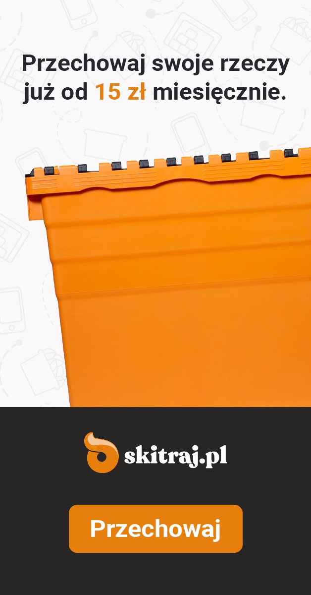 Pomarańczowy pojemnik z czarnymi elementami na wieczku, z tekstem reklamowym 'Przechowaj swoje rzeczy już od 15 zł miesięcznie' i logotypem 'skitraj.pl'.