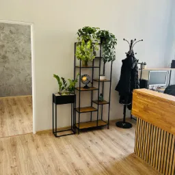 Wnętrze kancelarii prawnej z recepcją, regałem z roślinami i widokiem na biuro przez otwarte drzwi.