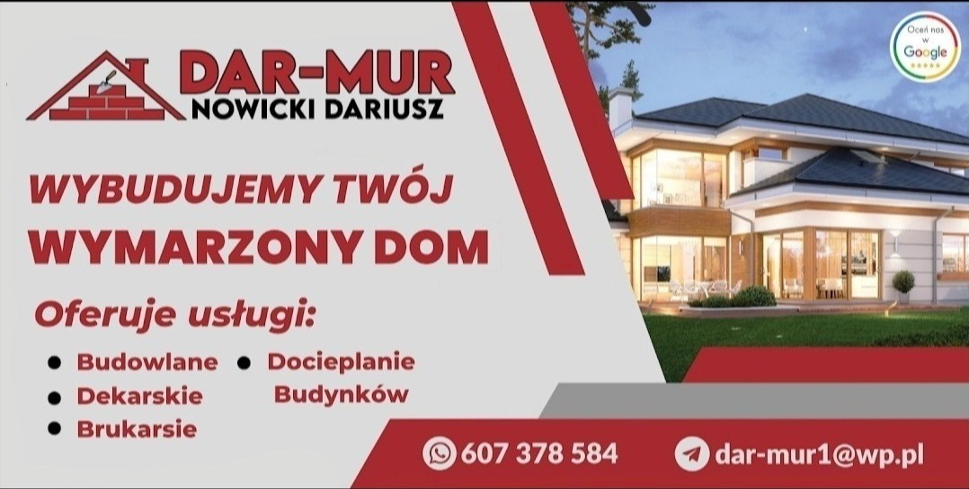 Baner reklamowy firmy budowlanej Dar-Mur Nowicki Dariusz z wizualizacją nowoczesnego domu z dużymi oknami i ogrodem, oferującej usługi budowlane, dekarskie, brukarskie i docieplanie budynków,...