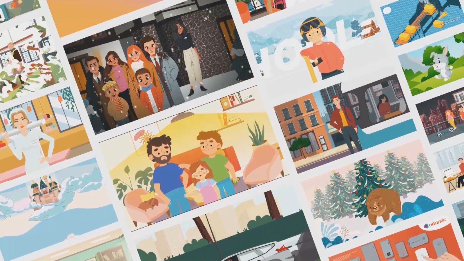 Zestaw ilustracji w stylu kreskówkowym prezentujących różnorodne sceny: rodzina w zimowej scenerii, narciarka, wnętrze mieszkania, miasto nocą, niedźwiedź przy choinkach, rodzina siedząca...