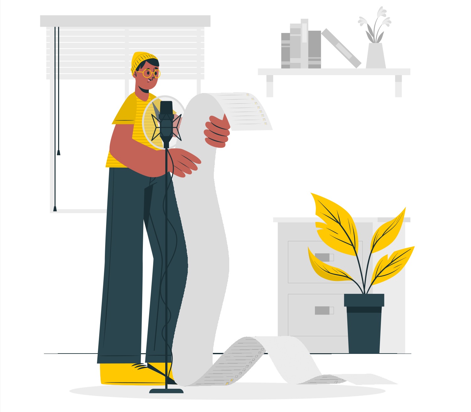 Stylizowana postać w okularach i czapce, stojąca przed mikrofonem, trzymająca długą listę z zaznaczonymi kwadratami, w tle półka z książkami i roślina w doniczce.