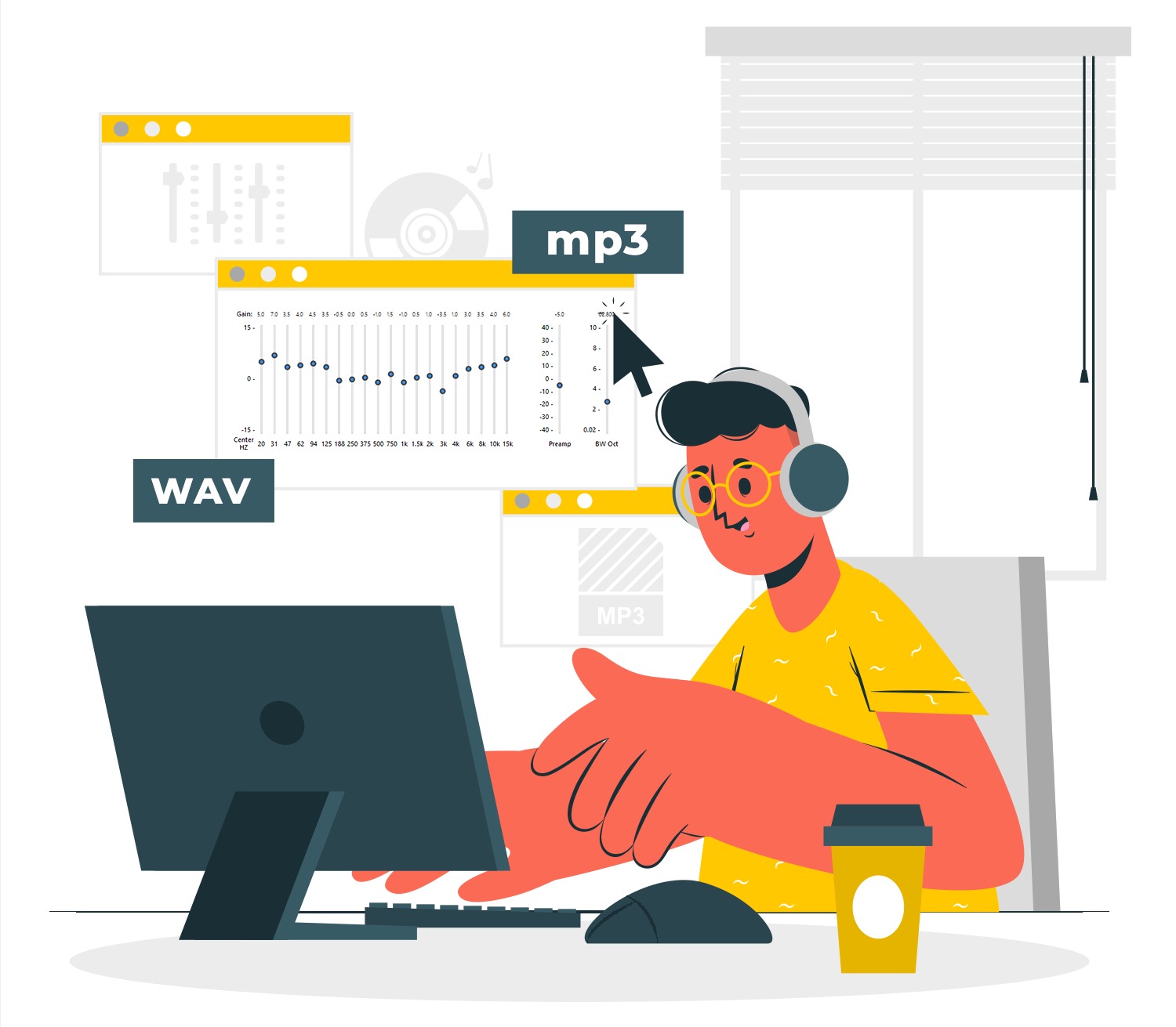 Ilustracja osoby w słuchawkach pracującej przy komputerze z widocznymi oknami edycji audio, w tym wykresy częstotliwości i oznaczenia formatów WAV i MP3.