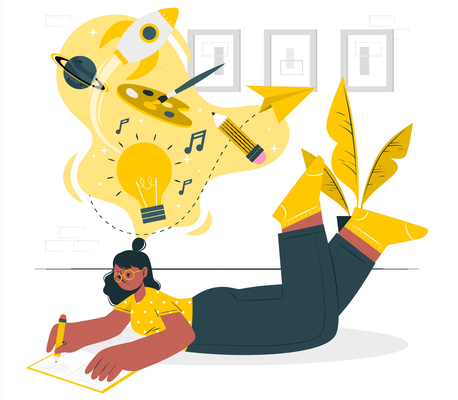 Ilustracja przedstawia kobietę leżącą na podłodze i piszącą w notatniku, z wizualizacją kreatywnych pomysłów unoszących się nad jej głową, takich jak rakieta, planeta, paleta malarska, nuty...