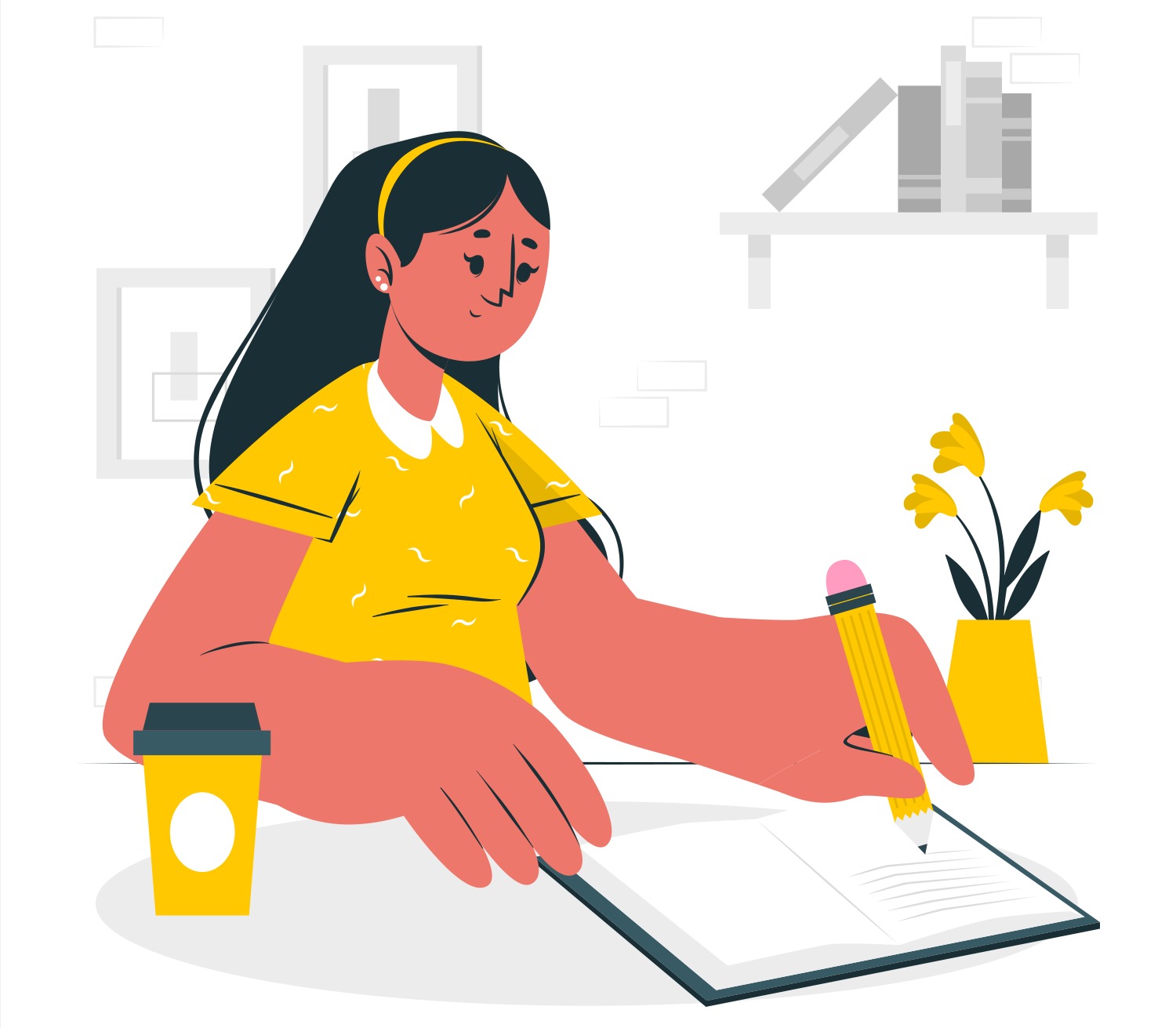 Ilustracja kobiety piszącej ołówkiem w notatniku, z kawą na stole i kwiatami w wazonie w tle.
