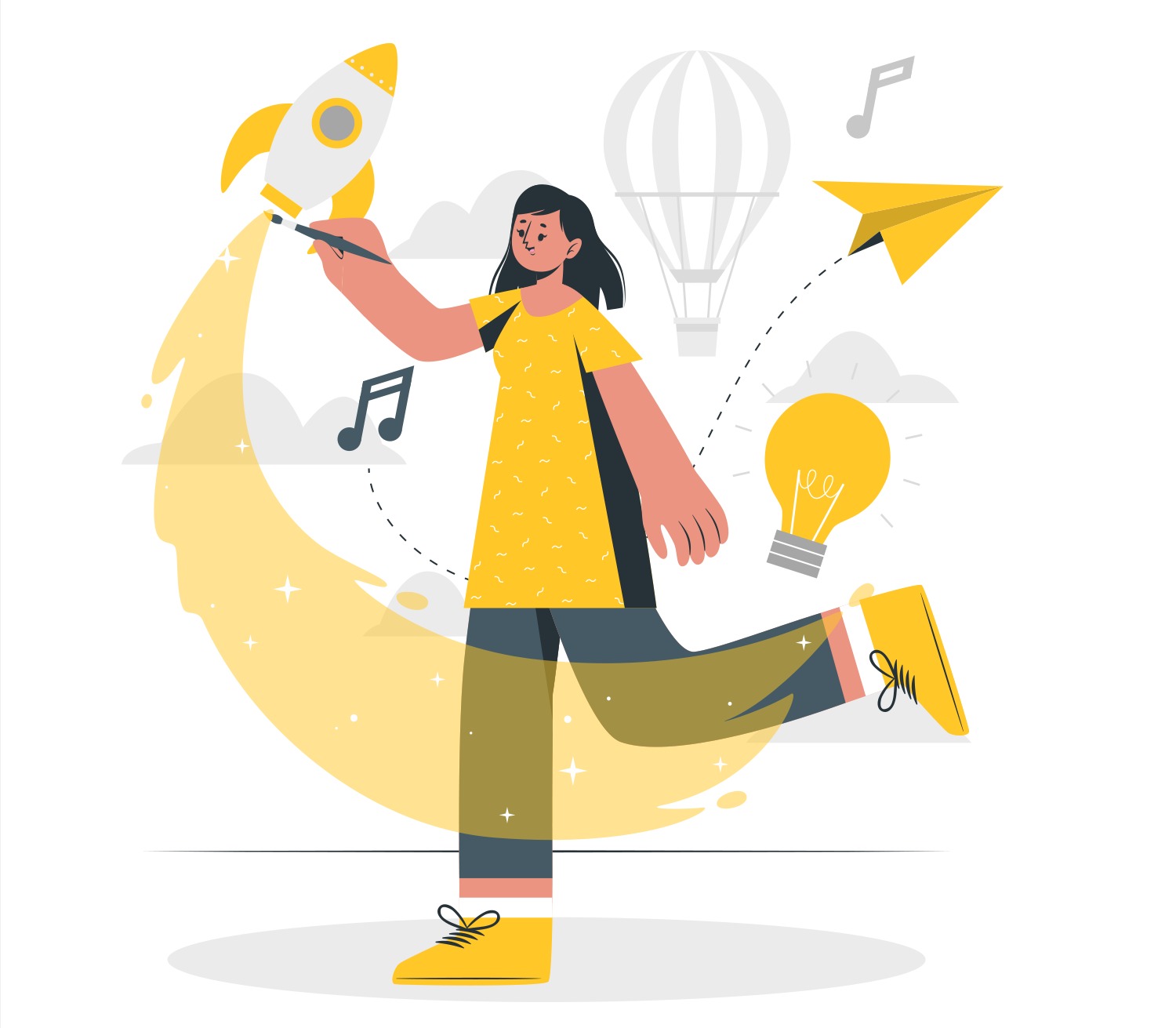 Ilustracja wektorowa przedstawiająca kobietę rysującą rakietę pędzlem, z elementami takimi jak żarówka, balon i papierowy samolot unoszącymi się wokół niej, symbolizując kreatywność i innowacyjność.