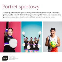 KALZA STUDIO - Twoje piękne zdjęcia - Kolaż portretów sportowych: uśmiechnięta cheerleaderka z pomponem na różowym tle, grupa cheerleaderek tyłem z pomponami i kokardami na niebieskim tle, uśmiechnięty piłkarz trzymający piłkę...