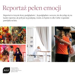 KALZA STUDIO - Twoje piękne zdjęcia - Kolaż zdjęć: tancerze karnawałowi w barwnych strojach, dziecko siedzące przy stole w jasnym pokoju, matka obejmująca syna z torbami na schodach.