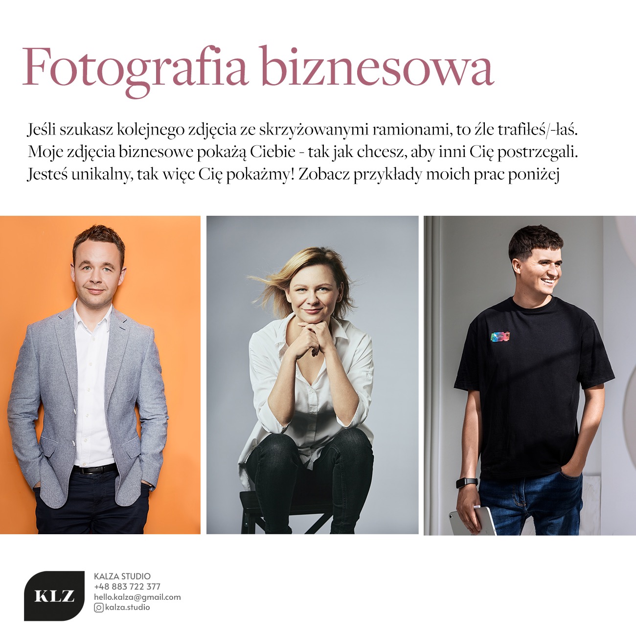 Przykłady fotografii biznesowej: mężczyzna w szarej marynarce na pomarańczowym tle, kobieta w białej koszuli siedząca na krześle z dłońmi pod brodą, mężczyzna w czarnym t-shircie z ręką w kieszeni...