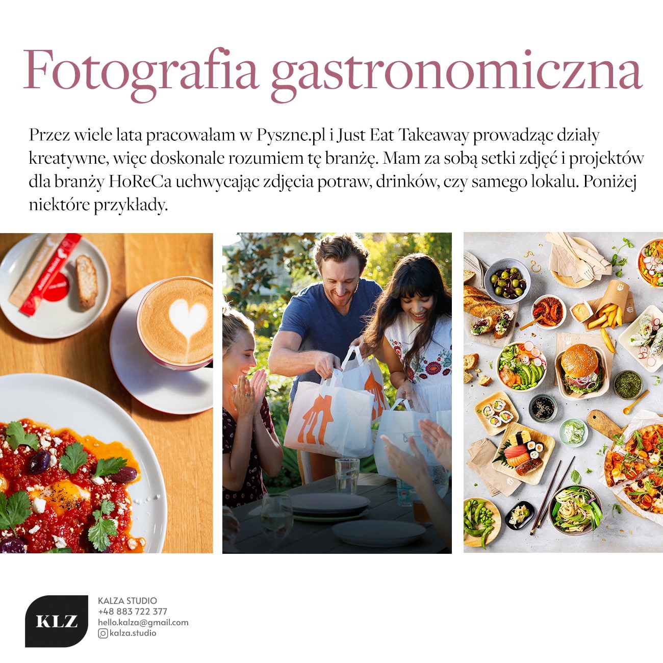 Kompozycja trzech zdjęć: śniadanie z jajkami w pomidorach, ludzie rozpakowujący jedzenie na wynos oraz różnorodne dania na stole, w tym pizza, sushi i burgery, ukazujące ofertę fotografii kulinarnej.